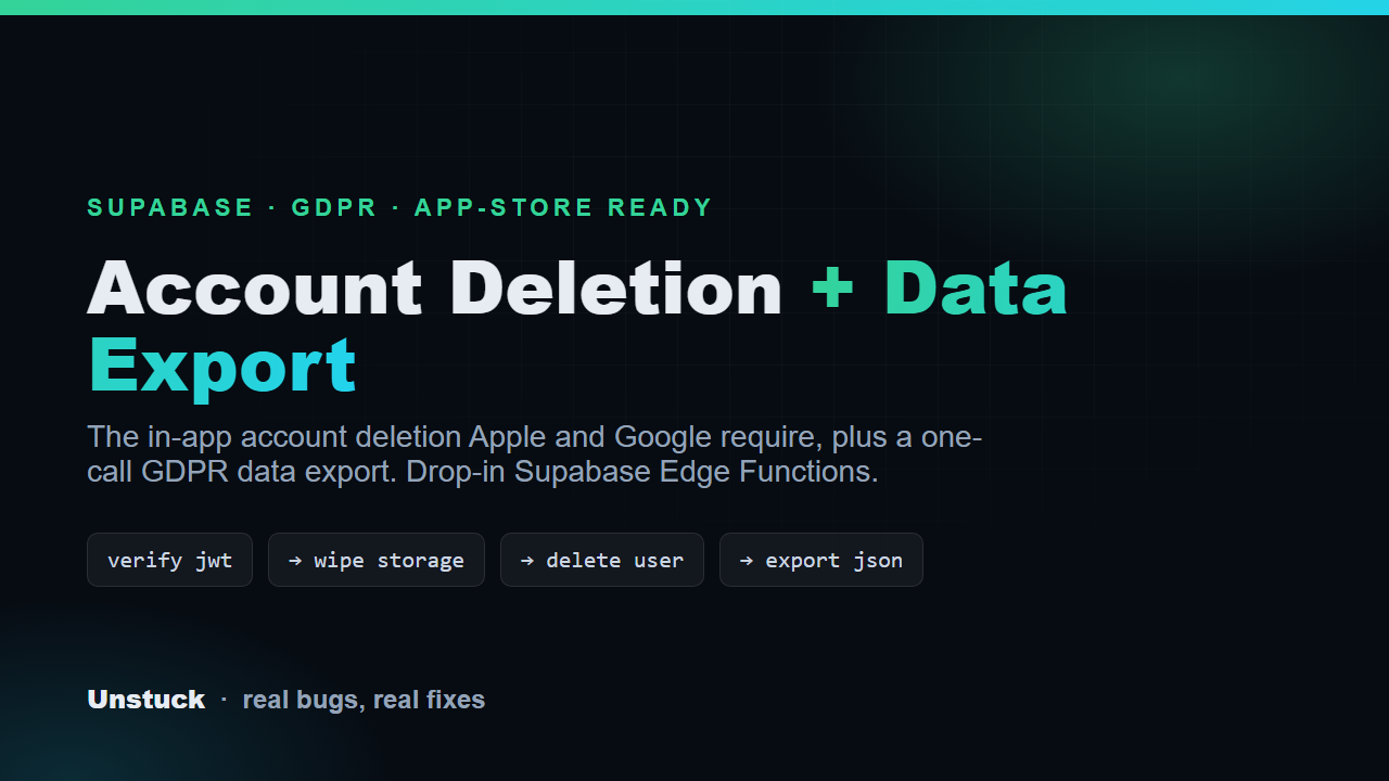 GDPR Account Deletion + Data Export Kit (Supabase)